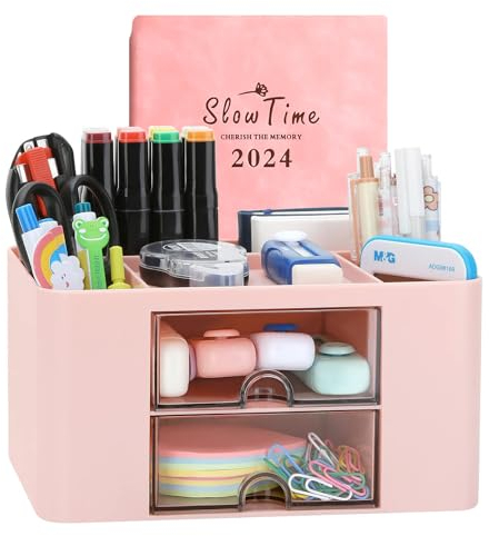 Wlevzzor Organizador de escritorio creativo y simple con 7 rejillas, organizador de mesa de plástico con cajón, portalápices multifuncional para la escuela, la oficina y el hogar (Rosa)