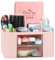 Wlevzzor Porte Stylo Bureau, Organiser De Bureau, Materiel De Bureau 7 grilles, organiseur de table en plastique avec tiroir Porte-stylo multifonctionnel pour l'école, le bureau et la maison (Rose)