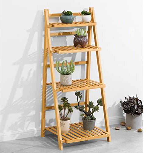 HczioN Klappbarer Blumentopfständer aus Bambus, 4 Etagen, Pflanzenständer, Leiter, Blumenregal, Gartenpflanzgefäß, Ausstellungsregal, Bonsai-Halter, 55 x 43 x 122 cm (Farbe: A)