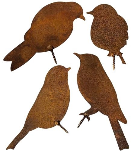 KVBUCC 4 Metal Birds with Screws, Garden Stakes Rusty Ornament, Rusty Birds, Decorative Plugs, Metal Statues, Garden Decorations, Outdoor Decoration, For Yard, Fence