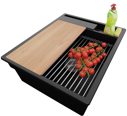 PRIMAGRAN Fregadero Cocina Negro 43x53cm, Fregadero Granito 1 Seno + Sifón + Accesorios, sobre encimera al mueble 45cm - Oslo Pocket