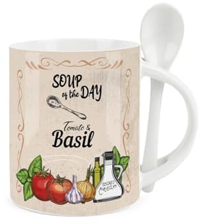 Soup Mug and Spoon Set - Tomato and Basil Soup of The Day - Ceramic White and Brown Soup Mug with Spoon in Handle