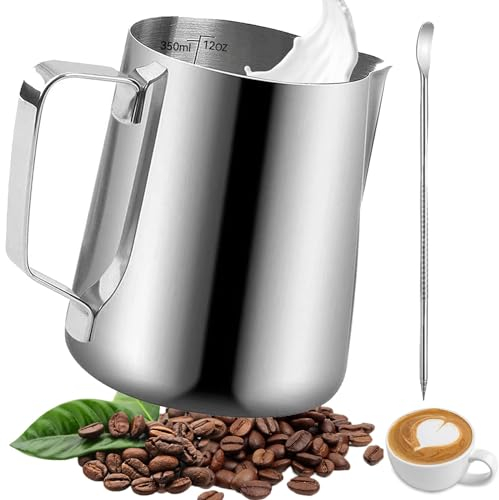 Omtofo 350ml Jarra Leche Barista, Lechera Acero Inoxidable, Con Marca de Medición bolígrafo arte con leche, Jarra Espumadora Leche para Espresso, Capuchino, arte con leche, amantes del café