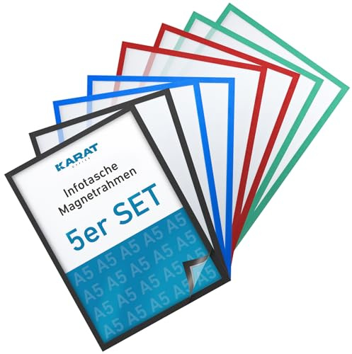 KARAT 5er Set Magnetrahmen DIN A5 Rahmen für Kinderzeichnungen, Dokumentenhalter, Infotasche, magnetische Bilderrahmen für Angebotsschilder, Blatthalter Dokumententasche (Außenmaß 16.7 x 22,6cm, Grau)