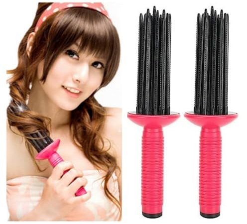 2Pcs 17 Teeth Round Comb Hair Brush Styler for Curly Hair, Portable Anti‑Slip Curling Wand, Curly Hair Styler Tool, Air Volume Comb with Hair Roller Clips