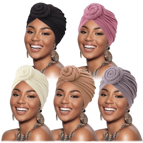 DRESHOW 5 Pièces Turban Africain pour Femme Bonnet Pré-noué Bonnet Chimio Casquette de Perte de Cheveux Chapeau