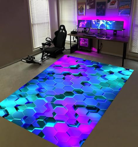 Gamer-Teppich, Cooler Neon-Hexagon-Teppich, Gaming-Dekor, E-Sport-Gaming-Teppich, Spielzimmer-Teppich, Gamer-Geschenke, Gamer-Teppich, Cooler Teppich, Niedrigfloriger, Farbbeständiger,60 X 90Cm