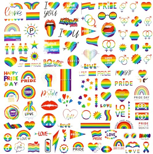 10 Sheets 110pcs Rainbow Temporary Tattoos, Pride Tattoos Love Heart/Rainbow/Butterfly/Red Lip Gay Pride Stickers Body Art Decoration for LGBT Pride Parades Celebrations Party Supplies