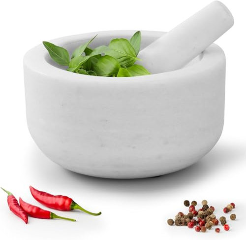 Navaris Mortero de Cocina de Marmol - Juego de molcajete de Ø 18 cm y pilón - Triturador Manual de Piedra para moler machacar Especias Salsas - Mármol Blanco