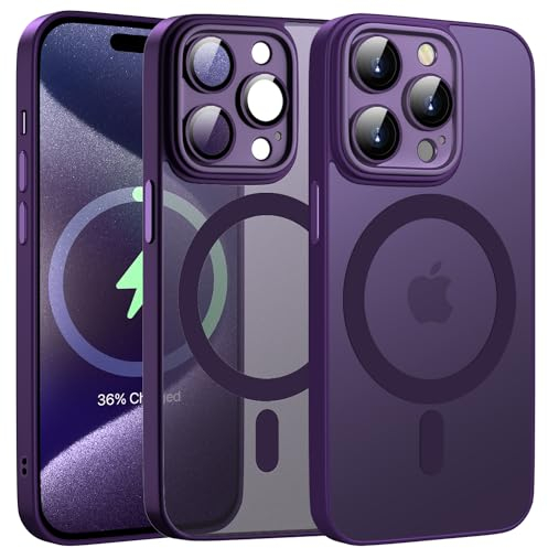 KPPIT Custodia per iPhone 15 Pro Max per MagSafe con protezione per fotocamera, resistente agli urti, protezione dalle cadute, opaca e traslucida per iPhone 15 Pro Max, viola scuro