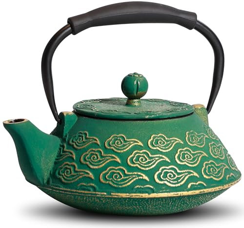 Gusseisen Teekanne, 800 ml Teekessel mit Glücks-Wolkenmuster, herdgeeignet mit Teesieb für Tee und Kaffee, japanische Teekanne, emaillierte Innenseite, Silikongriff