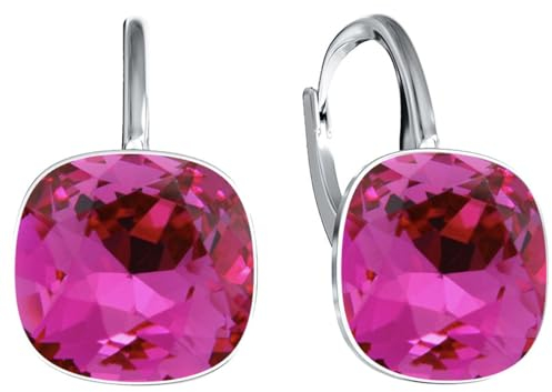 Damen Hängen Ohrringe Silber 925 mit Marken Kristalle Zirkonia - Schmuck Echt Silberne Hängende Ohrhanger für Frauen und Mädchen - Hängeohrringe Ideal Geschenk (Fuchsia)