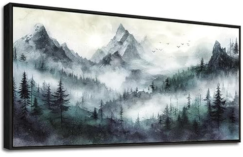 MHARTK66 Grünen Berge Bilder Mit Rahmen Schwarz, Waldnebel Landschaft Leinwand Bilde Aesthetic, 50x100 cm Groß Wandbilder Wohnzimmer, Modern Wanddeko Kunstdruck Schlafzimmer Esszimmer Büro Küche