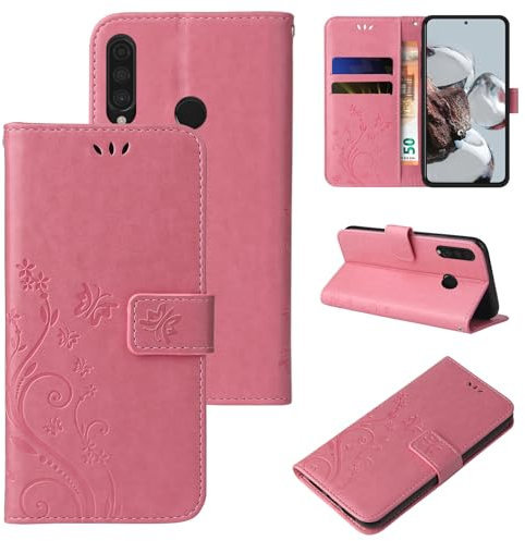 LBH Handy Hülle für Huawei P30 Lite Case Handytasche Schmetterling Blumen Flower Standfunktion Schutzhülle Magnet Rundum Schutz 360 Grad Flipcase Cover Rosegold