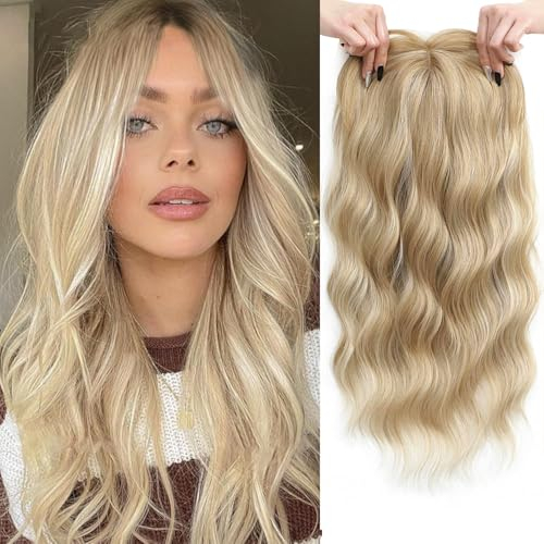 PORSMEER Haartopper mit Spitze für Frauen,50cm wellige Locken Haartopper, Haarteile bei dünner werdendem Haar,Clip In Hair Topper Perücken Mittelscheitel, Haar Volumen hinzufügen(Blond)