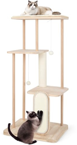 COSTWAY Cat Tree, Cats Climbing Tower with Scratching Posts and Board, Dangling Balls, Washable Mat, Multi-level Kitten Activity Centre for Indoor Cats