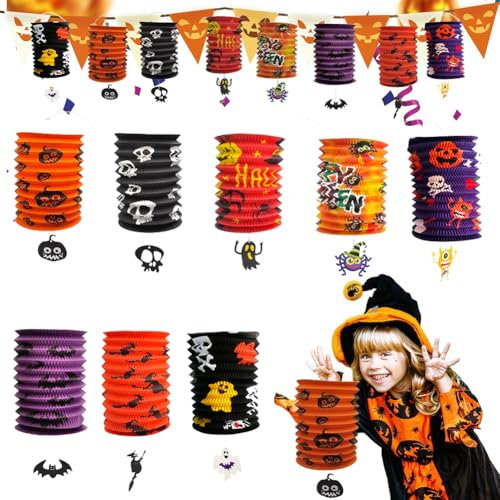 UZNIYTR Halloween Papier Laternen Dekoration,8 Stück Halloween Papierlaternen Aufhängen, Geist Schläger Spinne Kürbis Papierlaternen, Papierlaternen Halloween Deko für Outdoor, Indoor, Garten