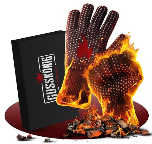 GUSSKÖNIG Grillhandschuhe hitzebeständig bis 800 Grad (M) - feuerfeste Handschuhe aus Aramid - Grillhandschuh Kochhandschuhe für Indoor&Outdoor Kochen (Rot)
