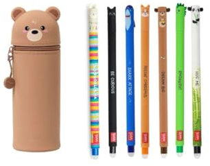 Legami Bundle – 2-in-1 Legami-Bär-Federmäppchen und ein Set mit 7 löschbaren Gelstiften von Legami, inklusive. Panda, Katze, Hai, Lama, Corgi, Honigbär, Dinosaurier