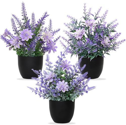 Betylifoy Künstliche Pflanzen mit Topf 3pcs Kunstpflanze Kleine Lavendel Pflanzen Dekor Kunststoff Pflanzen Indoor Dekor für Büro Haus Schlafzimmer Wohnzimmer Badezimmer (3, Schwarzer Topf mit Blume)