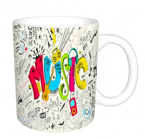 KDWJS Tasse Keramik Kaffeetassen Große 11oz Tassen 330ml Trinkgläser Mit Griff Personalisierte Geschenk Weiß,Musik, Pop Art im Vordergrund Doodle Stil musikalischer Hintergrund mit Strume, hypoallerg
