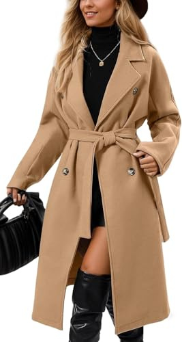 Suncadmious Damen Winter Langer Tweedmantel Anzug Revers Zweireihiger Peacoat Winddicht Warm Klassischer Zweireihiger Wintermantel Trenchcoat mit Gürtel