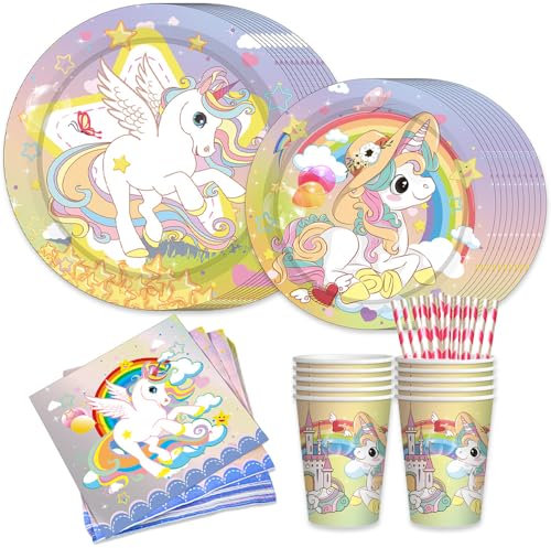 Kaseryao Vaisselle de fête décorative licorne pour 10 invités, vaisselle de fête licorne, assiettes en carton, décoration d'anniversaire licorne, assiettes en carton, gobelets en carton, serviettes,