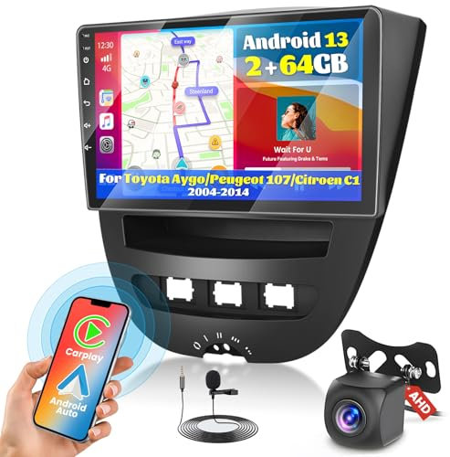 Fuluku 2+64G Android 13 Autoradio für Toyota Aygo/Peugeot 107/Citroen C1 2004-2014 mit Drahtlosem Carplay Android Auto, 10.1 Zoll Bildschirm Autoradio mit Bluetooth/WiFi/GPS/Rückfahrkamera/FM/RDS/SWC