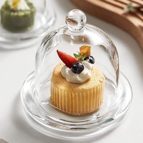 Huiyiwert Glass Cake Dome Transparent Cheese Dome Cake Bell Clear Glass Lemon Bell Glass Container with Saucer for Dessert Cupcakes Biscuit Muffin Party Wedding Birthday (9.5 cm Diameter)