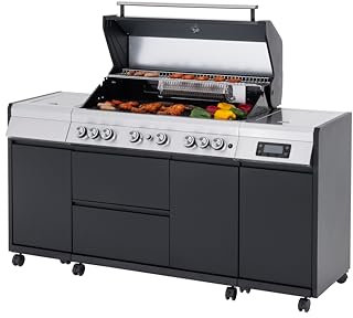 Tarrington House Barbecue a Gas con 6+1+1 Bruciatori Varley, Acciaio/Acciaio Inox, 72 kW, Coperchio con Termostato, Termometro Digitale, Bruciatore a Infrarossi, Armadio, Nero/Argento