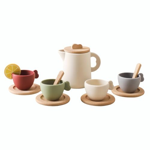 Service À Thé pour Enfants Jouet en Silicone Et Bois Dînette pour Enfants Accessoires De Cuisine Cadeau d'anniversaire pour Enfant Filles Garçons (A)