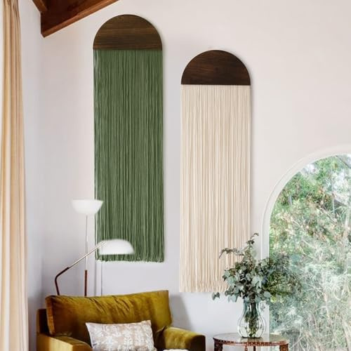 Flber 2 Makramee-Wandbehänge im Boho-Stil, handgefertigte runde Quasten, 35 cm breit x 130 cm lang, für Wohnzimmer, Schlafzimmer oder als Kopfteildekoration