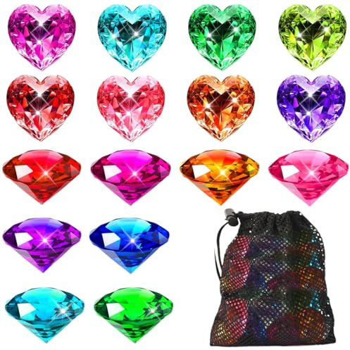 YUNHENTONG Tauchjuwelen für Kinder, 16 Stück 4cm Tauch Edelsteine Pool Spielzeug, Herzform Diamantform Tauchsteine Groß, Bunt Edelsteine Set für Pool Tauchen Spielzeug, Schnitzeljagd