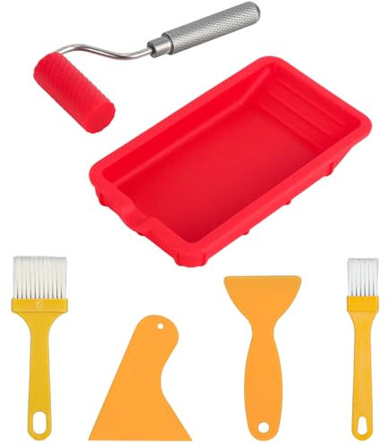 Prmape Rouleau de Peinture Murale, Rouleau à Colle avec 2 Pinceau, 2 Grattoir et 1 Plateau, Rouleau Silicone Colle a Bois, Rouleau Colle a Bois pour Artisanat, Travail du Bois, Projets Adhésifs