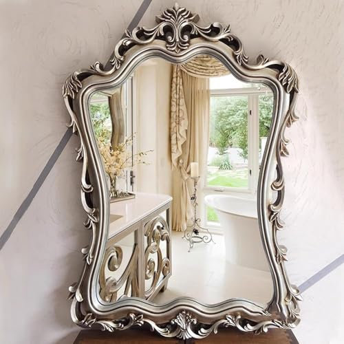 PYROSUN Barocker Wanddekospiegel, 63×89 cm großer Schminkspiegel, Vintage-Hängespiegel für Badezimmer, Wohnzimmer, Flur, Kamin (Antiksilber)