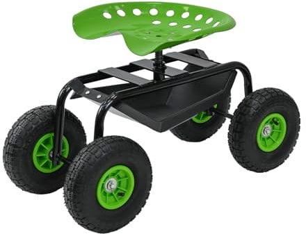 TRUTZHOLM Gartenscooter mit Ablagefläche Gartenrollsitz Stahl 150 kg Sitzhöhe 44-52 cm Sitz 360° drehbar Gartenwagen Gartenhocker mit Lufträdern für rückenschonende Tätigkeiten in Garten Werkstatt
