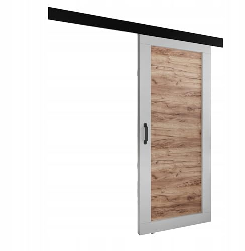 KIER FURNITURE Schiebetür Komplettset - Tür mit Laufschiene - Schiebetürsystem - Raumspartür - Innentüren - Sliding Door Set - Links & Rechts - Weiß & Eiche Craft - Breite 96 cm