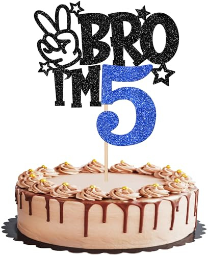SYKYCTCY 1 Pack Happy 5th Birthday Cake Topper Glitter Bro I'm 5 Cake Pick Decorations for Teen Five Birthday Party Cake Decorations Supplies