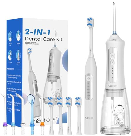 H2ofloss Sonic Electric Toothbrush and Water Flosser Combo, Rechargeable 2000mAh Toothbrush and 2500mAh Oral Irrigator with 300ml Tank, 4 Brush Heads, 5 Nozzles, 2 in 1 for Home and Travel (White)