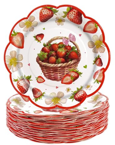 BOKFJBP 50Pcs 7inch Strawberry Plates-Strawberry Paper Dessert Disposable Plates Appetizer Cakes Berry First Party Supplies for Strawberry Birthday Baby Shower Wedding Bridal Bachelorette