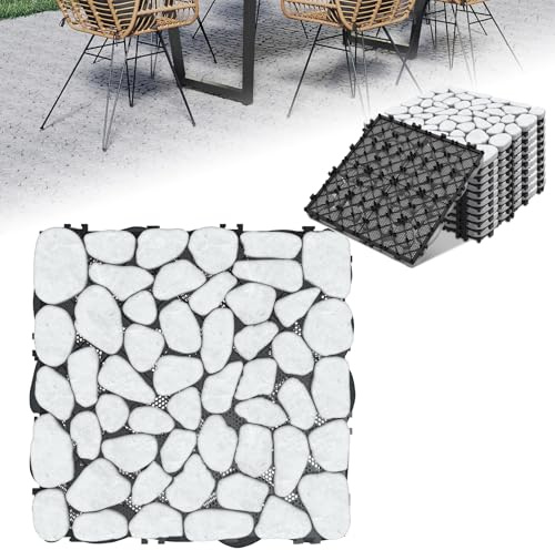 ACXIN Naturstein Kieselstein Bodenfliesen 30x30 cm – 11 Stück ≈ 1m² – glatt poliert – wetterfest & rutschhemmend – ideal für Balkon, Terrasse, Garten, Outdoor (Weiß)