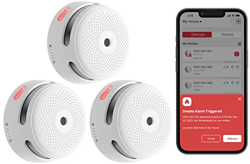 X-Sense Détecteur de Fumée Connecté avec Pile Remplaçable, Détecteur de Fumée Wi-FI Conforme à la Norme EN14604, Notifications Via l’Application, XS01-WX, Lot de 3