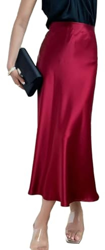 Satin Long Skirt for Women Elegant High Waist Casual Cocktail Party A-Line Silky Flowy Skirts Wine red-M