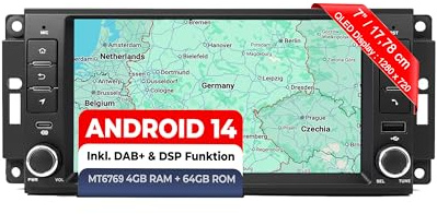 M.I.C. J7-S Android 14 Autoradio für Jeep Compass/Dodge/Chrysler/Lancia | MT8786,4G+64G,7 Zoll QLED,inkl. DAB+,SIM/4G,Wireless CarPlay & Android Auto,GPS Navigation,BT5,36-Band-DSP,Rückfahrkamera