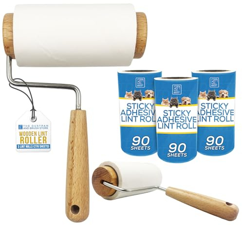 Wooden Lint Roller with 3 Reusable Hair Rollers Lint Remover for Cat and Dog Hair - Smooth Wooden Handle, More Sheets per Sticky Rolls, Perfect for Upholstery, Carpet, and Clothes