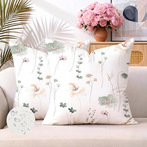 Brylleii Outdoor Kissen Wetterfest Kissenbezug 40x40 2er Set Dekokissen Leinen Sofakissen Blumen Kissenbezüge Frühling Sommer Beige Kissenhülle Zierkissenbezug Modern für Patio Garten Sofa Couch