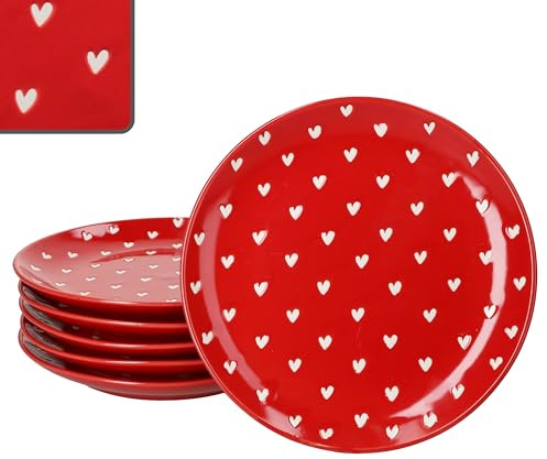 MamboCat Set di 6 piatti da torta Love, Ø 19,5 cm, piatti in porcellana rosso con cuori bianchi, smaltati lucidi con decorazione a cuore opaca, piatti da dessert per torte, colazione e caffè