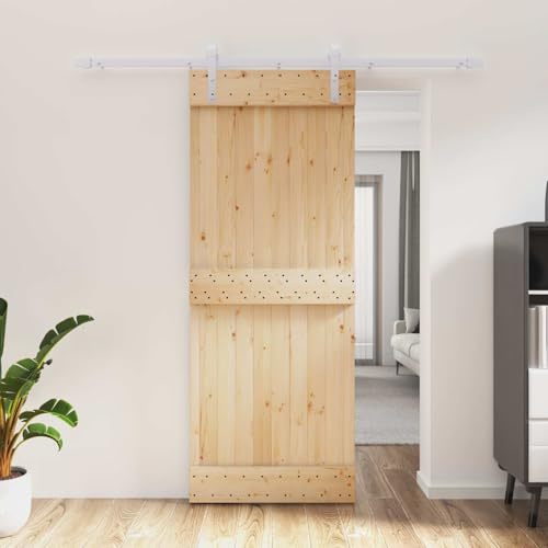 PUGYNBK Porta scorrevole bianco naturale, 80 x 210 cm, in pino massiccio, porta scorrevole salvaspazio con guida in acciaio verniciato a polvere per un funzionamento delicato e una distribuzione