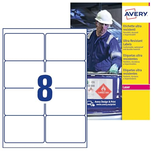 AVERY Zweckform L7914-10 Strapazierfähige Folienetiketten (80 Aufkleber, 99,1x67,7mm auf A4, extrem stark selbstklebend, für schwierige Oberflächen, bedruckbare Outdoor Klebefolie) 10 Blatt, weiß