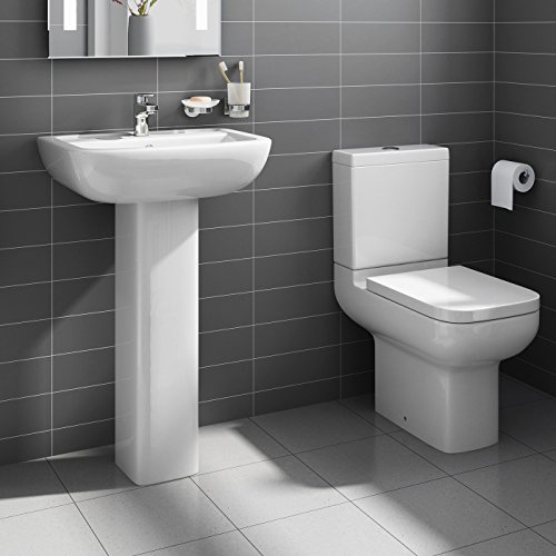 Short Projection Pedestal Basin Sink + Close Coupled Toilet Bathroom Suite Set